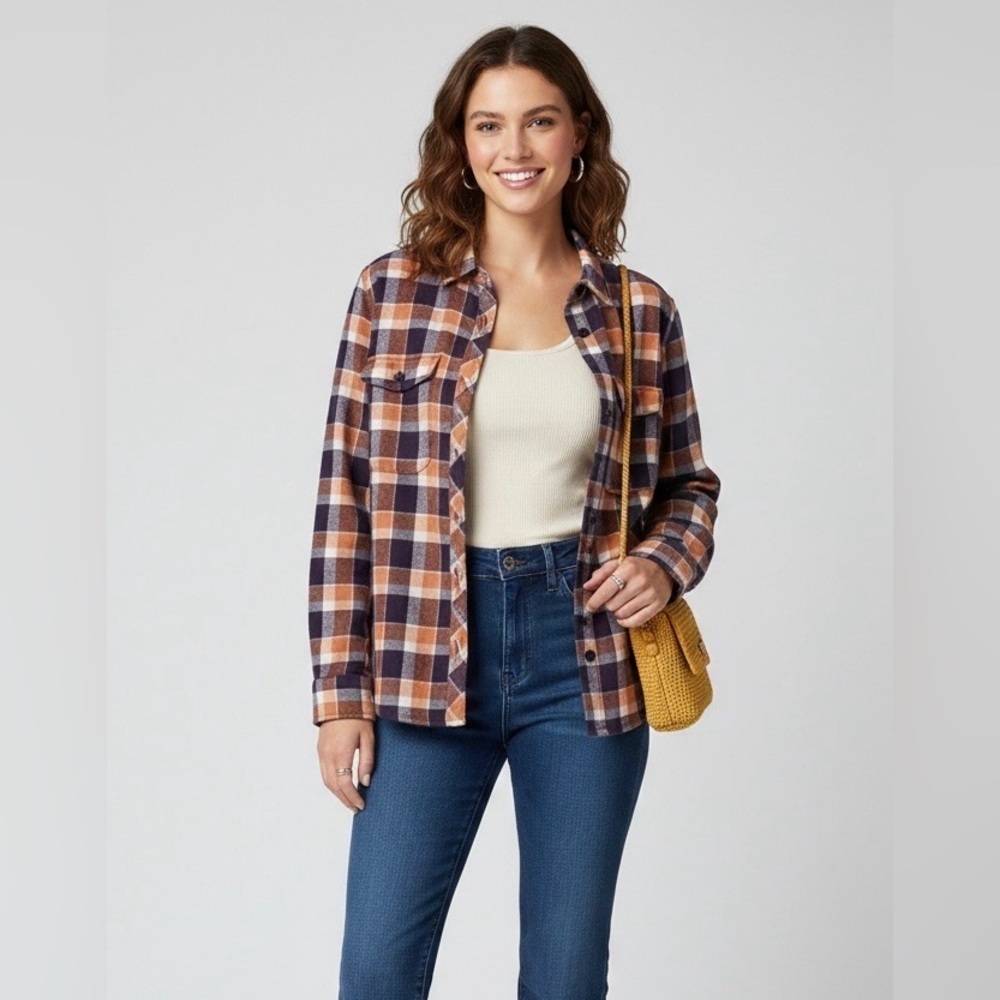 Pact Women’s Plaid Checkered 100% Organic Cotton Button Up Shirt size L